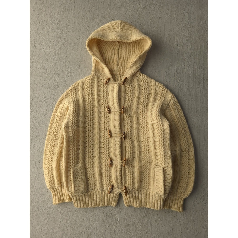 Vintage 60s 70s Handknit Cable Knit Toggle Sweater Cardigan Hooded Heavyweight L